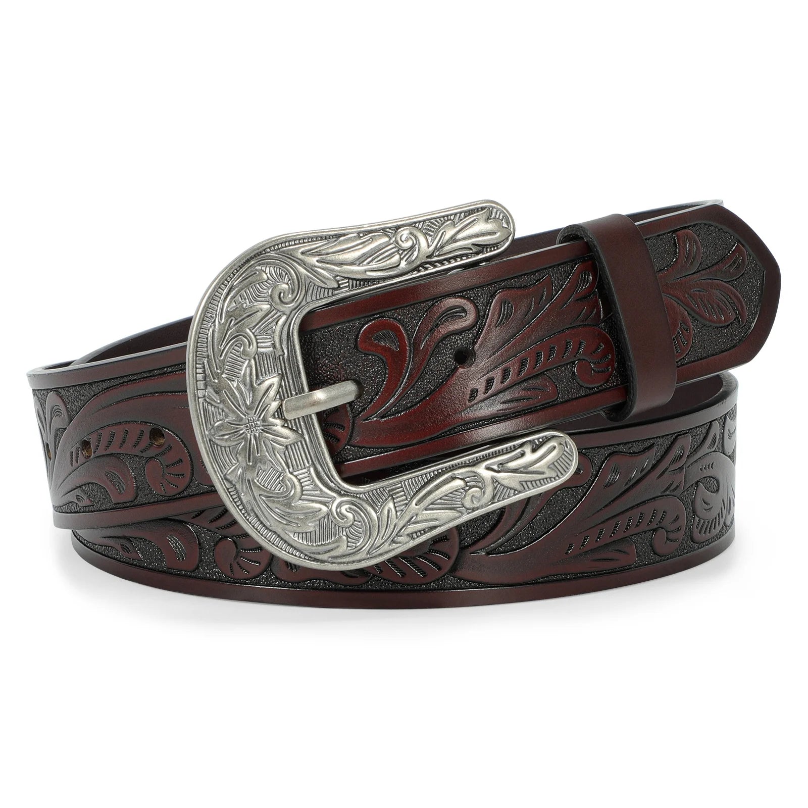 Western Leather Belts for Women Men Cowboy Cowgirl Leather Belt Embossed Buckle