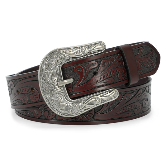 Western Leather Belts for Women Men Cowboy Cowgirl Leather Belt Embossed Buckle