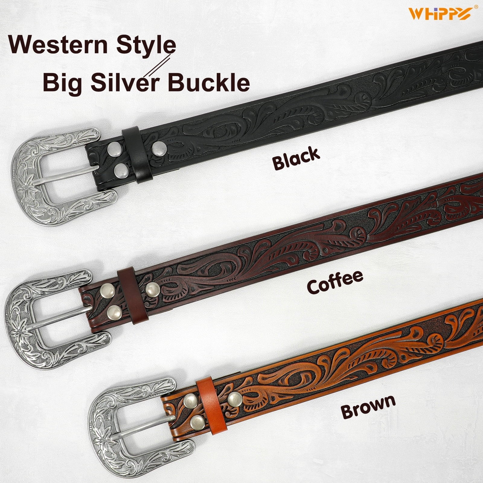 Western Leather Belts for Women Men Cowboy Cowgirl Leather Belt Embossed Buckle