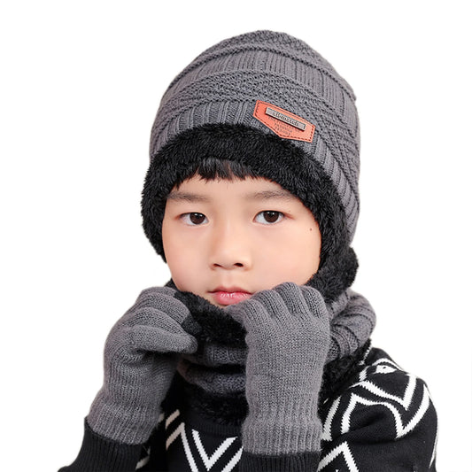 3Pcs Boys Winter Warm Hat Knitted Touch Screen Gloves Fleece Lining Neck Warmer for Kids