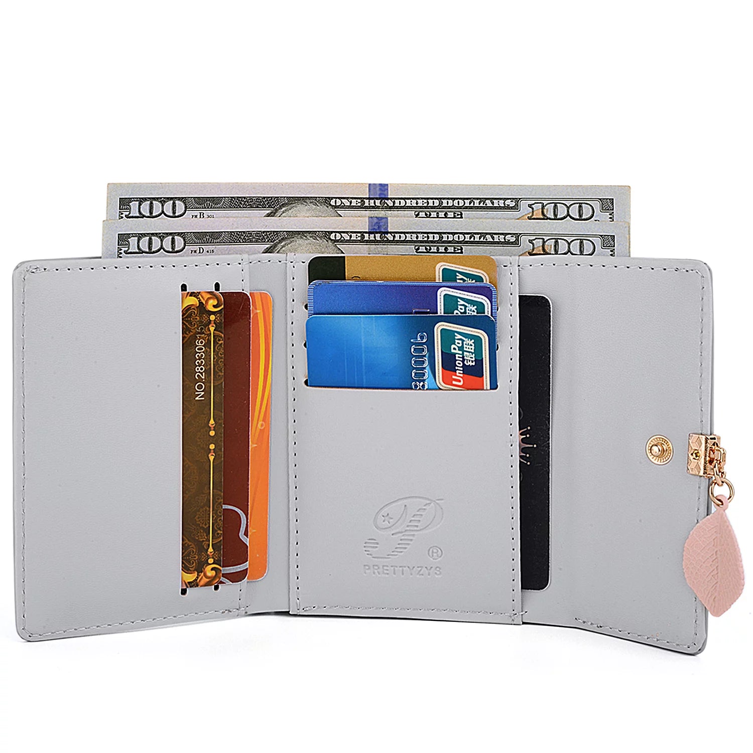 Womens Wallet PU Leather RFID Blocking Card Holder Elegant Zipper Coin Purse Leaf Pendant(Pale Mauve)