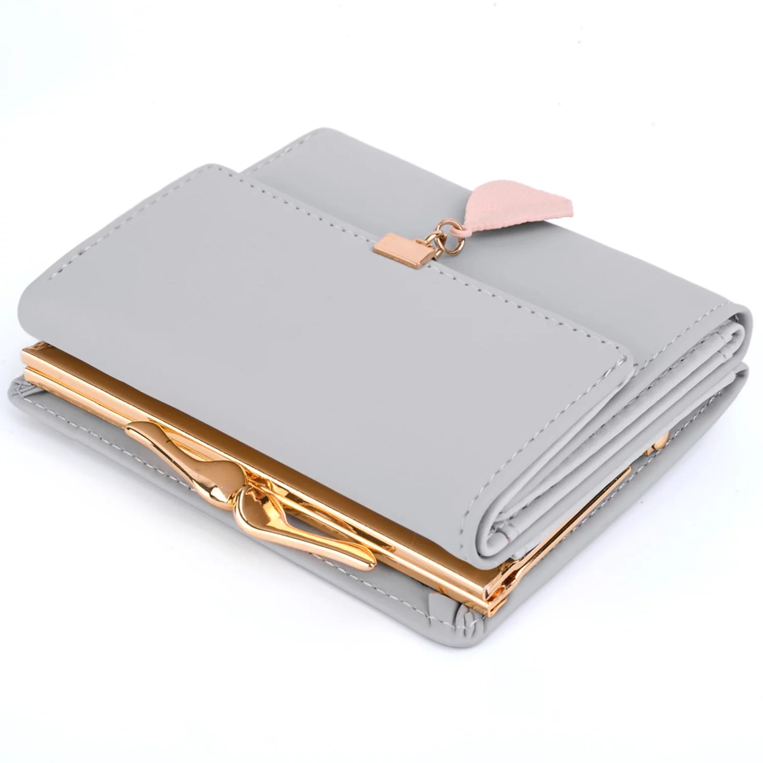 Womens Wallet PU Leather RFID Blocking Card Holder Elegant Zipper Coin Purse Leaf Pendant(Pale Mauve)