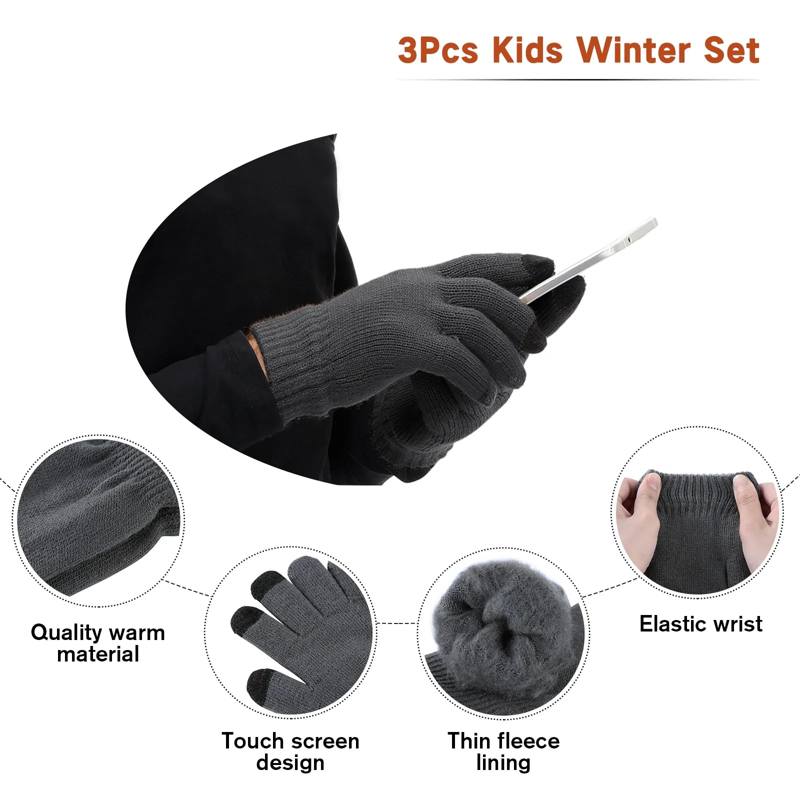 3Pcs Boys Winter Warm Hat Knitted Touch Screen Gloves Fleece Lining Neck Warmer for Kids