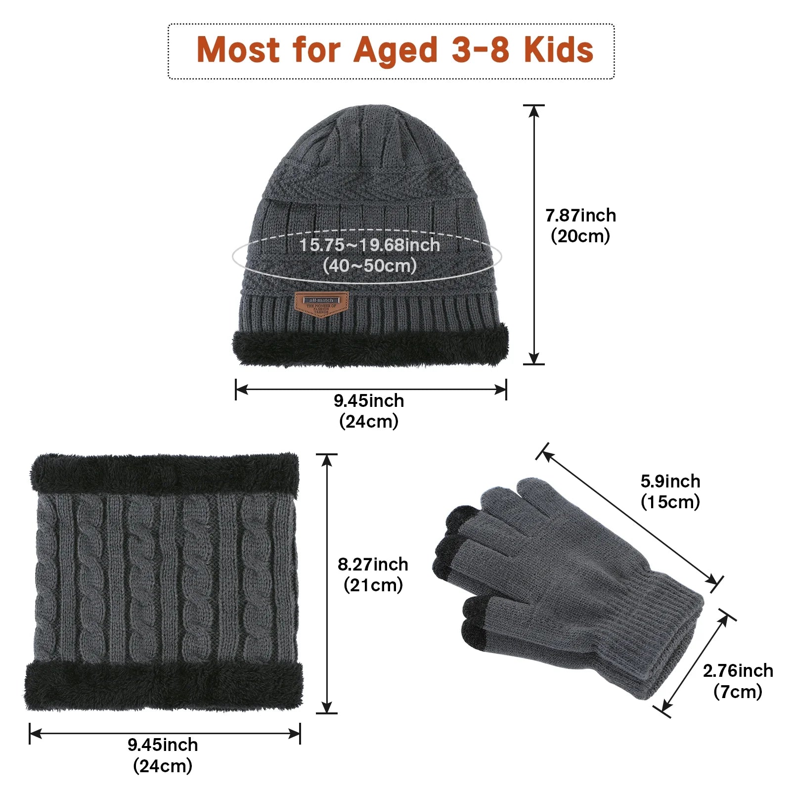 3Pcs Boys Winter Warm Hat Knitted Touch Screen Gloves Fleece Lining Neck Warmer for Kids