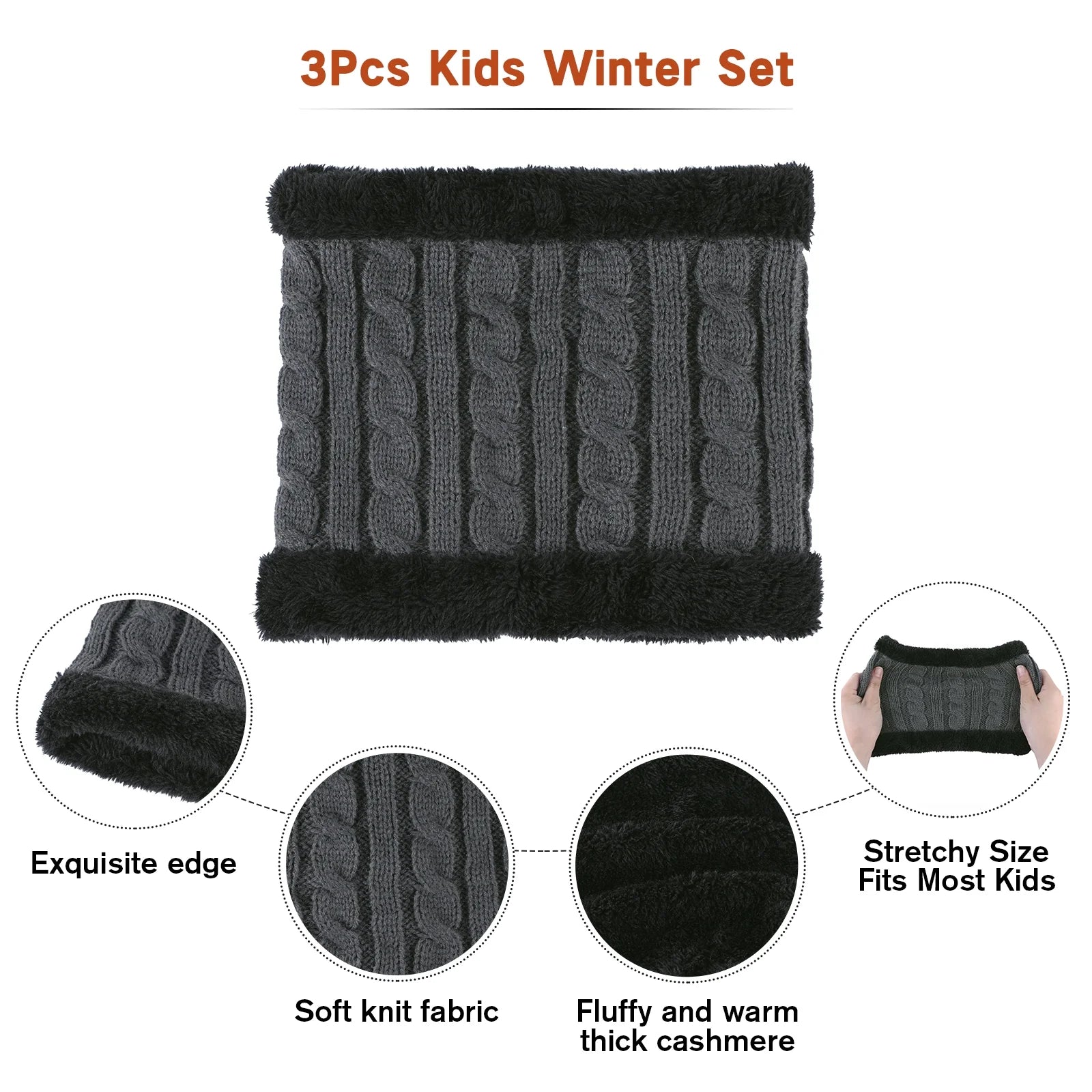 3Pcs Boys Winter Warm Hat Knitted Touch Screen Gloves Fleece Lining Neck Warmer for Kids