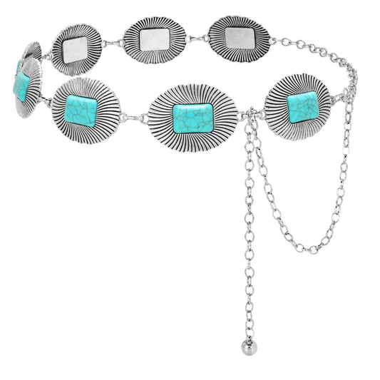 Turquoise Chain Belts for Women,Western Cowgirl Concho Metal Chain Belt for Dress