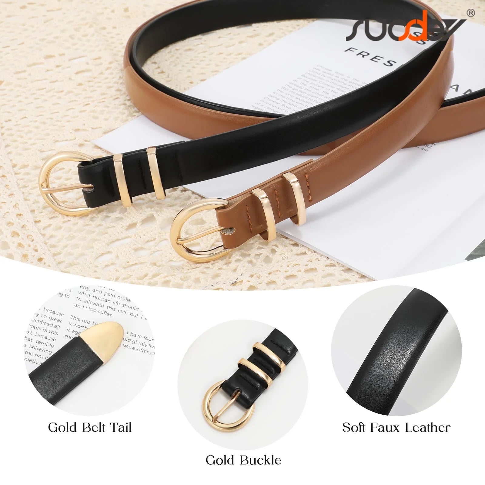 Women Leather Belts for Jeans Gold Buckle Ladies Leather Belt 2 Pack