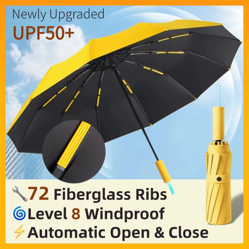 Windproof Strong Automatic Folding Umbrella 72 Reinforced Fiberglass Ribs, UV 50+ Sun & Rain Protection Umbrellas for Men Women