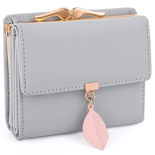 Womens Wallet PU Leather RFID Blocking Card Holder Elegant Zipper Coin Purse Leaf Pendant(Pale Mauve)