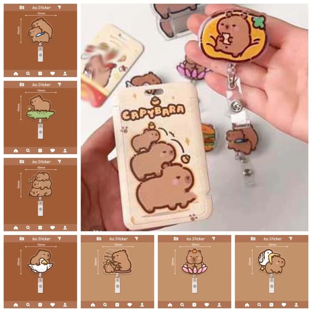 Capybara Cartoon Badge Reel Retractable ID Badge Holder with 360 Rotating Alligator Clip Students Name Tag Holder
