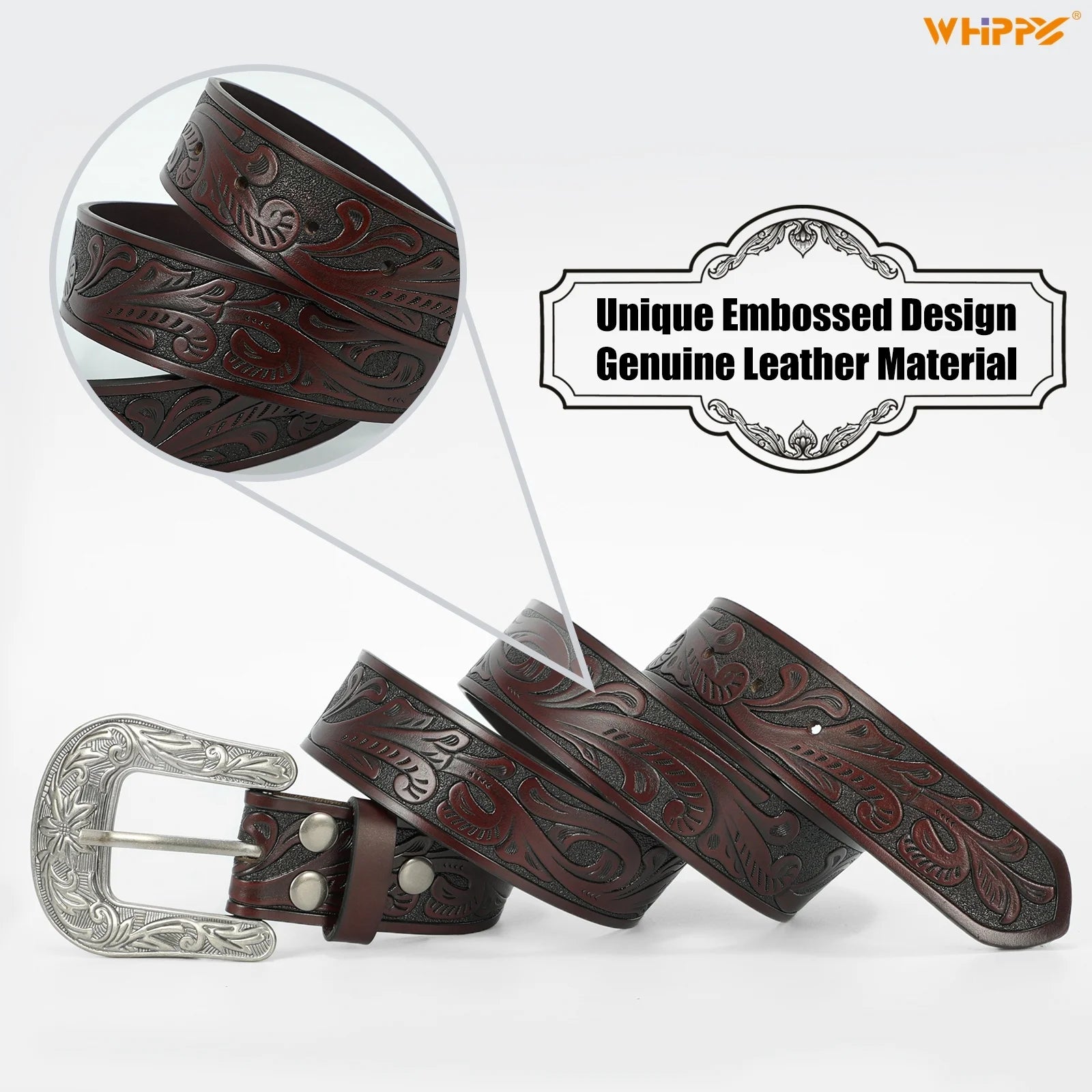 Western Leather Belts for Women Men Cowboy Cowgirl Leather Belt Embossed Buckle