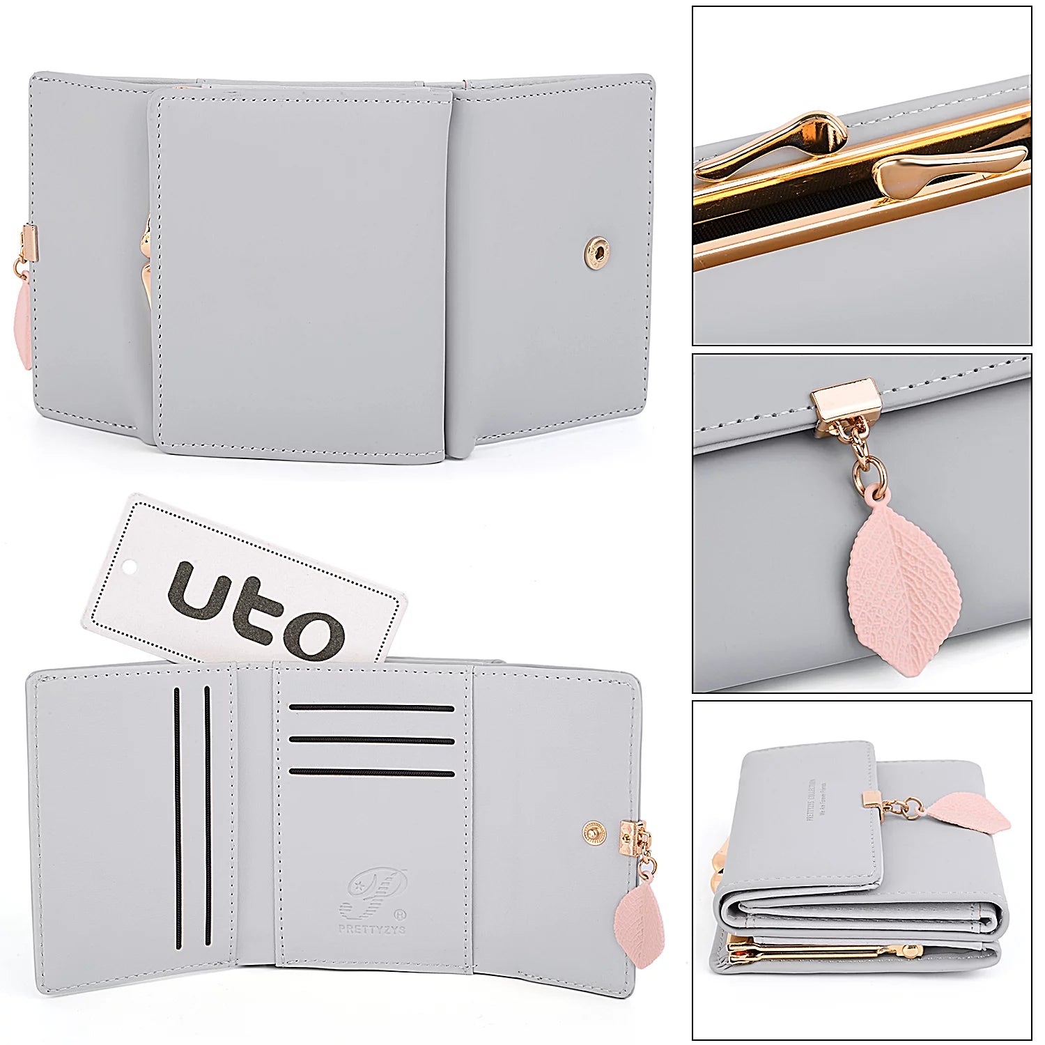 Womens Wallet PU Leather RFID Blocking Card Holder Elegant Zipper Coin Purse Leaf Pendant(Pale Mauve)