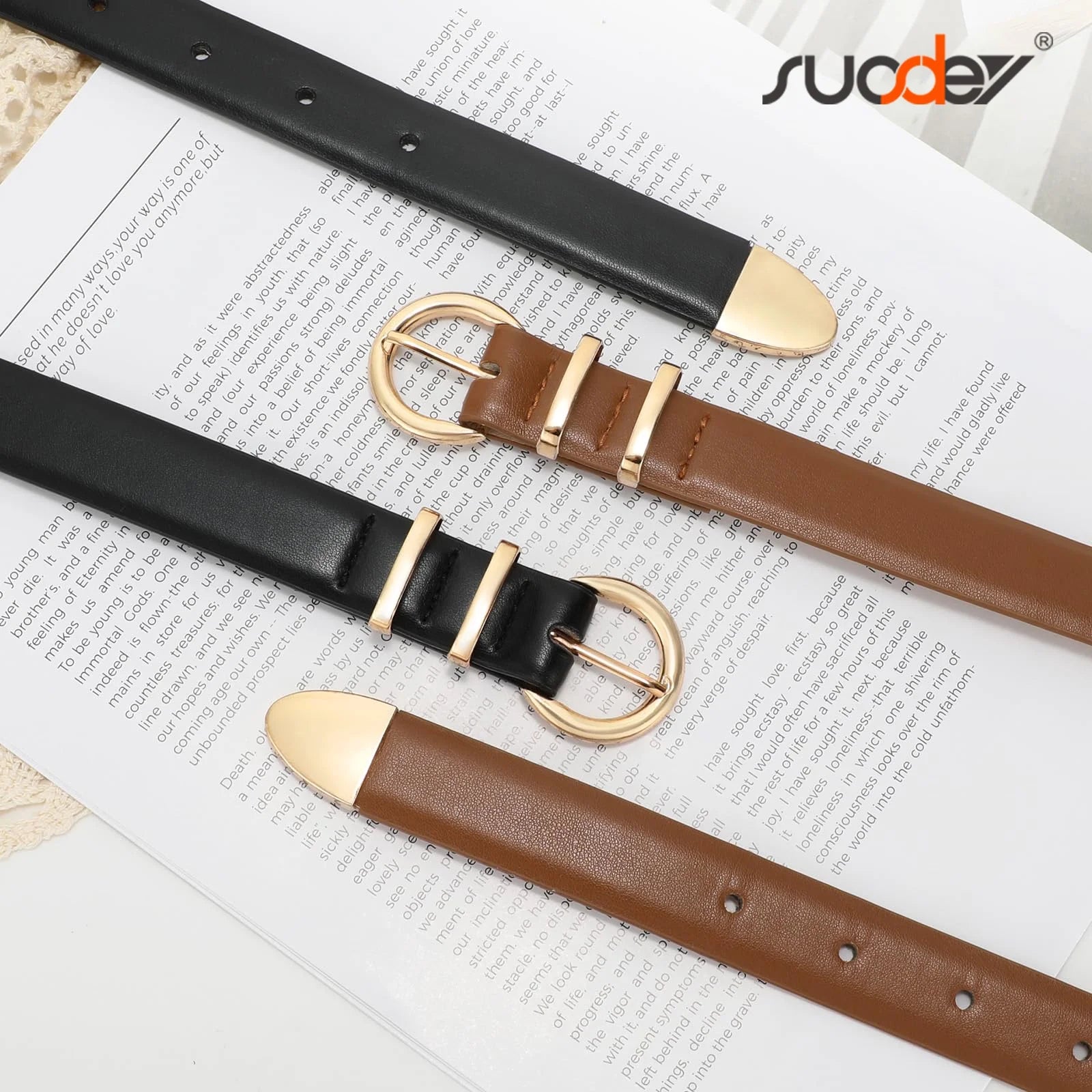 Women Leather Belts for Jeans Gold Buckle Ladies Leather Belt 2 Pack