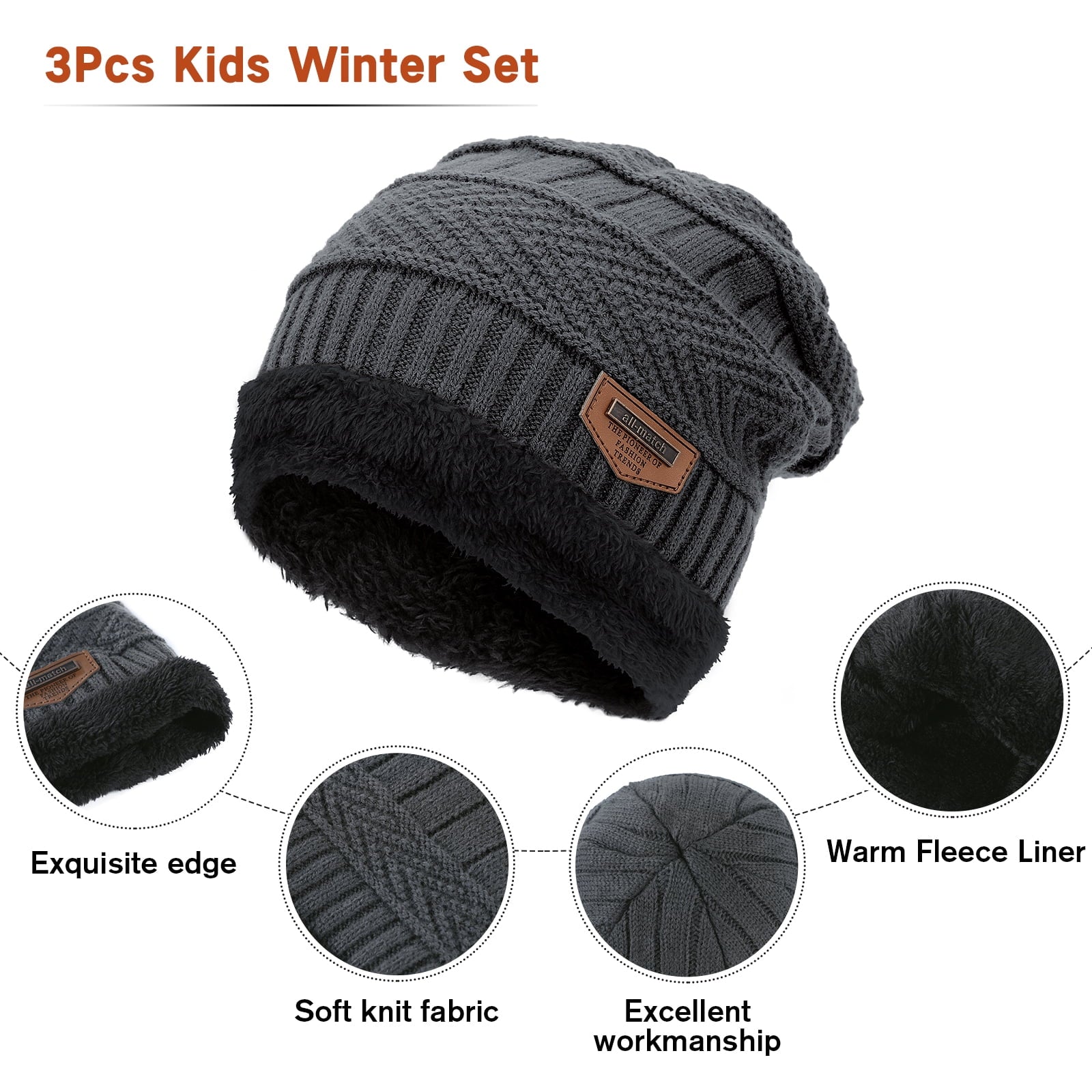 3Pcs Boys Winter Warm Hat Knitted Touch Screen Gloves Fleece Lining Neck Warmer for Kids
