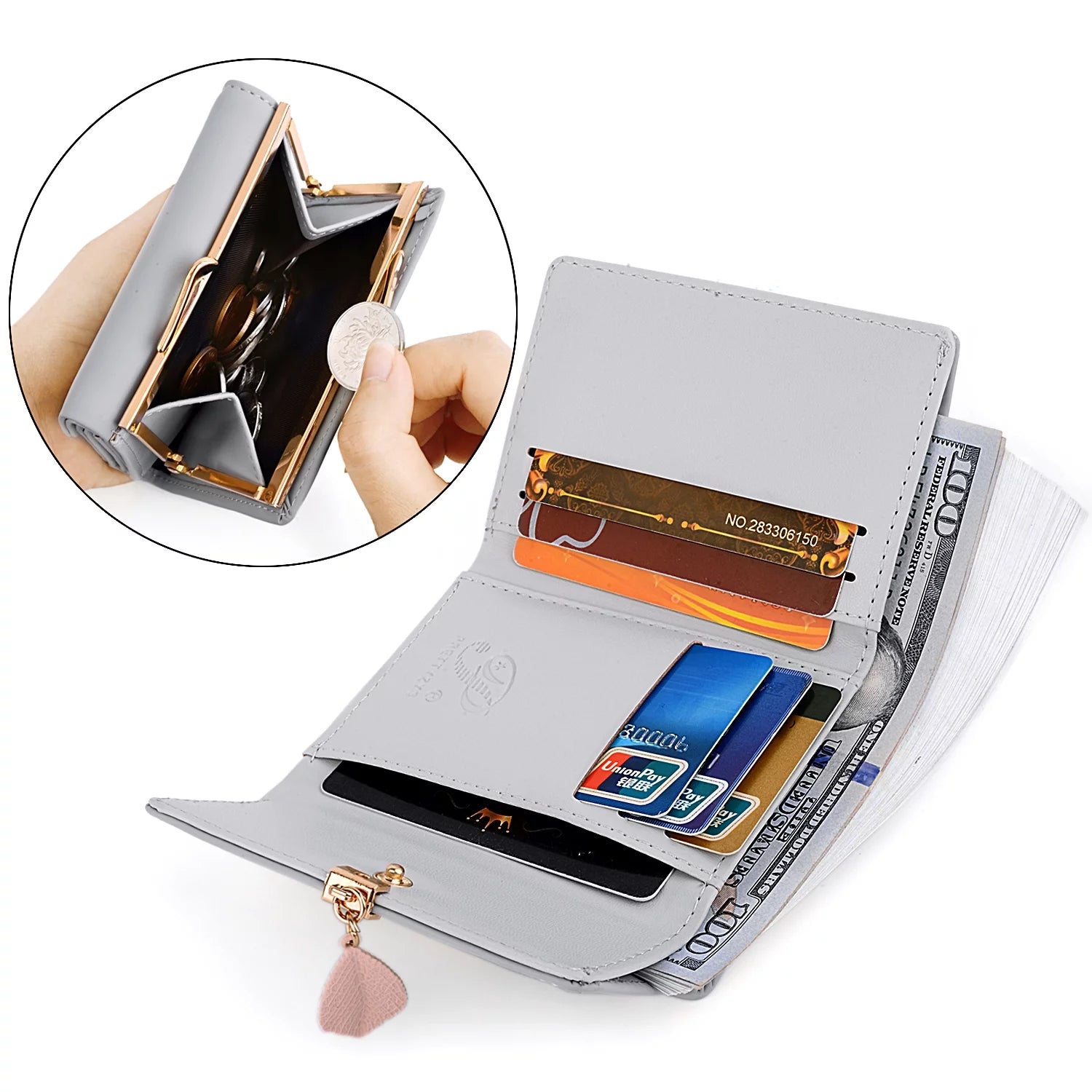 Womens Wallet PU Leather RFID Blocking Card Holder Elegant Zipper Coin Purse Leaf Pendant(Pale Mauve)