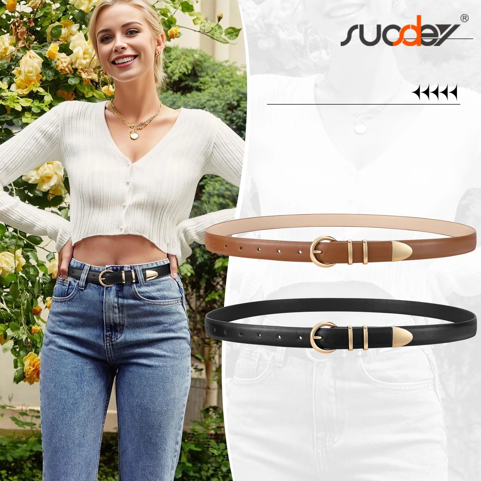 Women Leather Belts for Jeans Gold Buckle Ladies Leather Belt 2 Pack