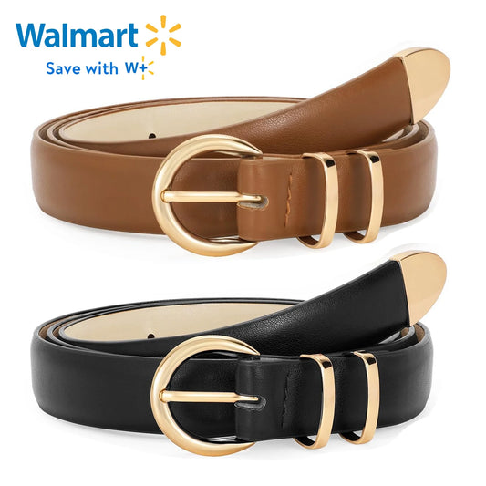 Women Leather Belts for Jeans Gold Buckle Ladies Leather Belt 2 Pack
